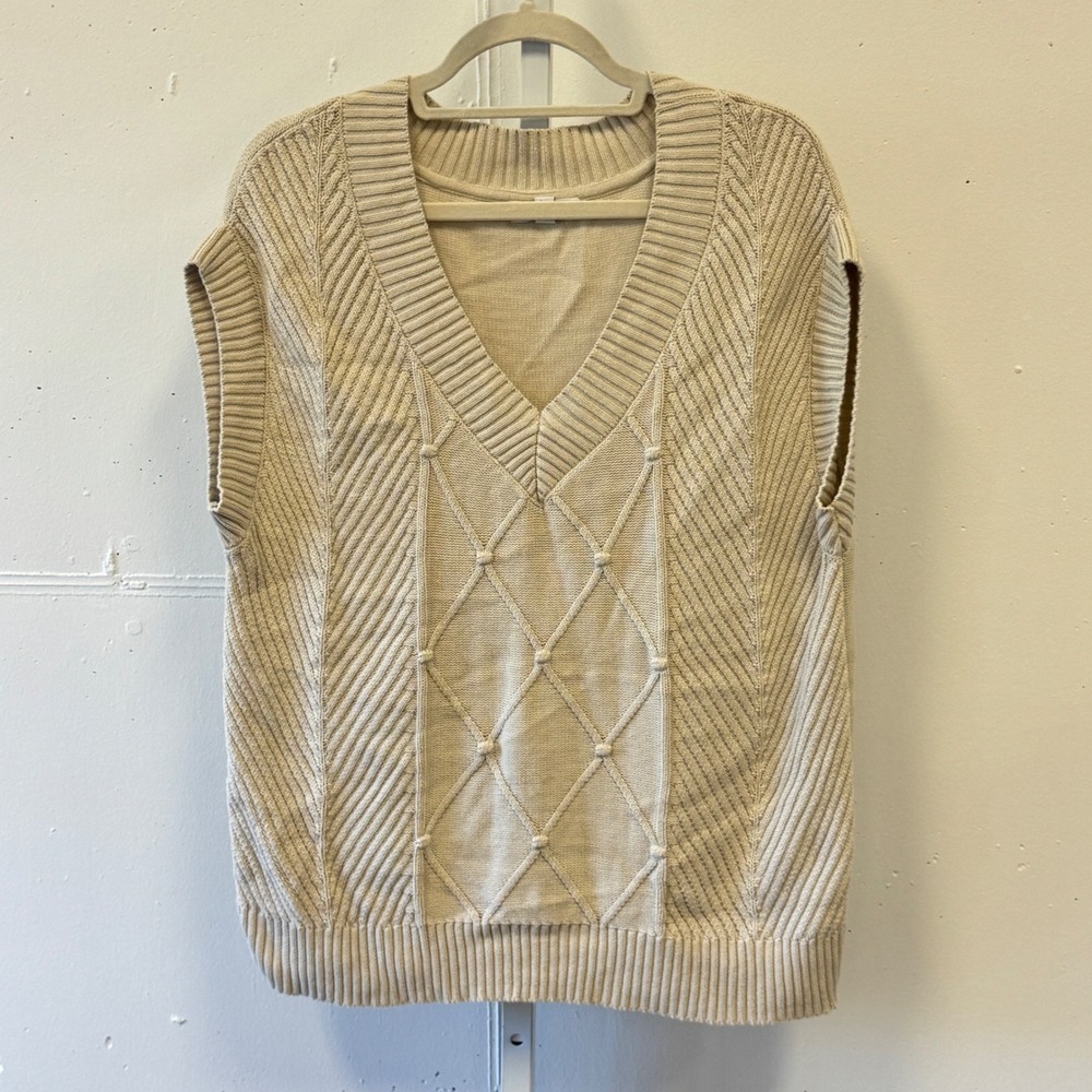 Calvin Klein Jeans Cream Beige Cotton Cable Knit V-Neck Sweater Vest Women's XL